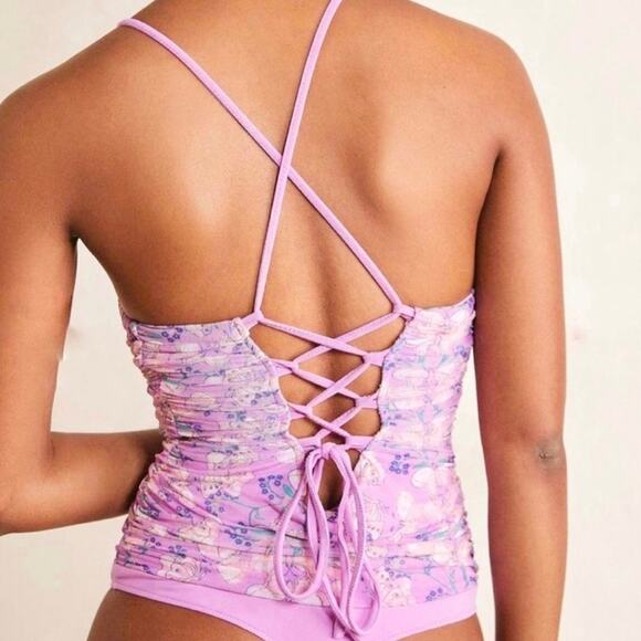 Free People Romantic Milkshake Mesh Butterfly Ruched Fairy Lace Up Boho Bodysuit - Picture 9 of 16